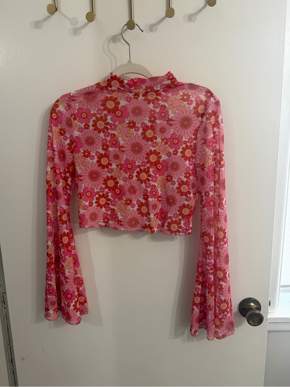 Pink Floral Mock-Neck Mesh Crop Top